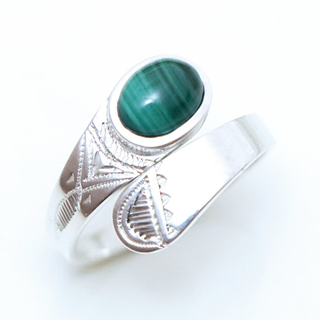 Bague argent massif 925 touareg croisée réglable et Malachite véritable - Niger 030