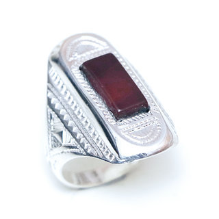 Bijoux ethniques touareg berbres chevalire argent bague femme longue navette grave et pierre fine Cornaline orange rectangle - Niger 075 b