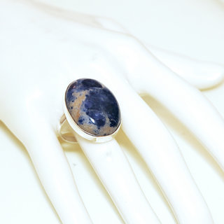 Bijoux ethniques indiens bague en argent 925 massif femme pierre fine Sodalite bleu blanc lisse ovale rglable ajustable ouverte - Inde 321 b