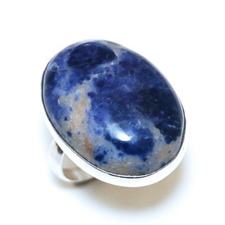 Bijoux ethniques indiens bague en argent 925 massif femme pierre fine Sodalite bleu blanc lisse ovale rglable ajustable ouverte - Inde 321 a