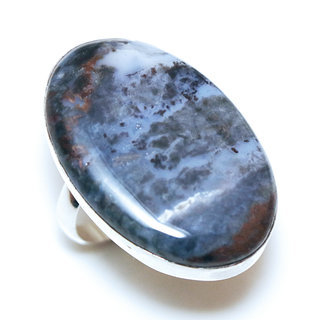 Bijoux ethniques indiens bague en argent 925 massif femme pierre fine Jaspe gris bleu marbr lisse ovale rglable ajustable ouverte - Inde 325 a