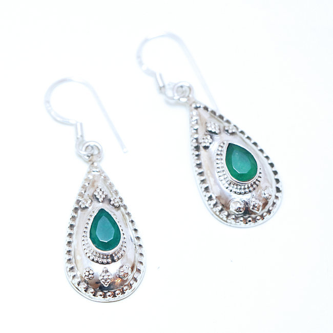 Boucles d'oreilles argent massif 925 gouttes filigranes facettes et corindon Emeraude - Inde 061