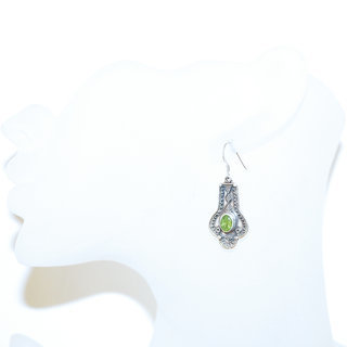 Bijoux Indiens Ethniques boucles d'oreilles argent 925 massif femme et pierre fine petite ovale facettes filigranes cristal vert Pridot fonc - Inde 063b