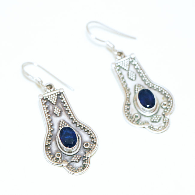 Boucles d'oreilles argent massif 925 ovale facettes et corindon Saphir - Inde 063