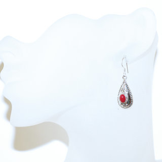 Bijoux Indiens Ethniques boucles d'oreilles argent 925 massif femme et pierre fine petite classique ovale facettes filigranes cristal Corail rouge fonc ovales - Inde 064b