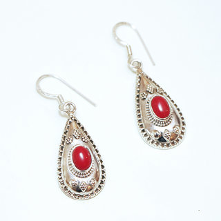 Bijoux Indiens Ethniques boucles d'oreilles argent 925 massif femme et pierre fine petite classique ovale facettes filigranes cristal Corail rouge fonc ovales - Inde 064a