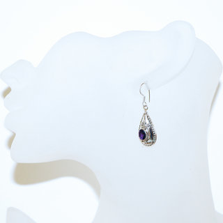 Bijoux Indiens Ethniques boucles d'oreilles argent 925 massif femme et pierre fine petite classique ovale facettes filigranes cristal Amthyste violet mauve fonc ovales - Inde 064b