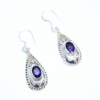 Bijoux Indiens Ethniques boucles d'oreilles argent 925 massif femme et pierre fine petite classique ovale facettes filigranes cristal Amthyste violet mauve fonc ovales - Inde 064a