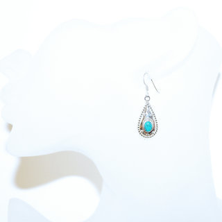 Bijoux Indiens Ethniques boucles d'oreilles argent 925 massif femme et pierre fine petite classique ovale facettes filigranes Howlite turquoise vert ovales - Inde 064b