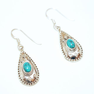 Bijoux Indiens Ethniques boucles d'oreilles argent 925 massif femme et pierre fine petite classique ovale facettes filigranes Howlite turquoise vert ovales - Inde 064a