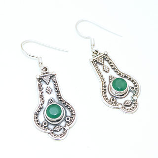 Bijoux Indiens Ethniques boucles d'oreilles argent 925 massif femme et pierre fine petite facettes filigranes corindon Emeraude vert fonc rondes - Inde 065a