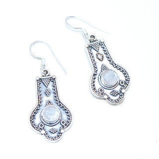 Bijoux Indiens Ethniques boucles d'oreilles argent 925 massif femme et pierre fine petite facettes filigranes Pierre de Lune blanc nacr rondes - Inde 065a