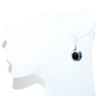 Bijoux Indiens Ethniques boucles d'oreilles argent 925 massif femme et pierre fine ovale classique Onyx noir lisse - Inde 066b