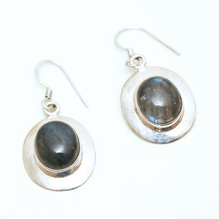 Bijoux Indiens Ethniques boucles d'oreilles argent 925 massif femme et pierre fine ovale classique Labradorite gris vert kaki lisse - Inde 066a