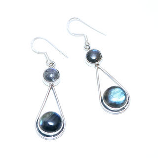 Bijoux Indiens Ethniques boucles d'oreilles argent 925 massif femme et pierre fine ovale classique perles Labradorite gris vert kaki lisse ajoure - Inde 069a