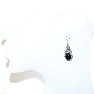 Bijoux Indiens Ethniques boucles d'oreilles argent 925 massif femme et pierre fine ovale classique Onyx noir lisse perles - Inde 067b