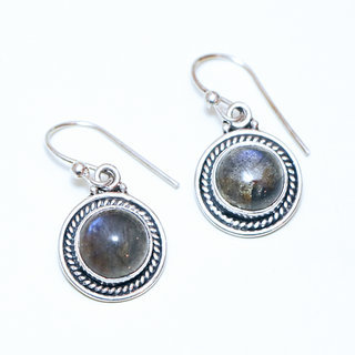 Bijoux Indiens Ethniques boucles d'oreilles argent 925 massif femme et pierre fine rondes classique Labradorite gris vert kaki filigranes tresse- Inde 070a