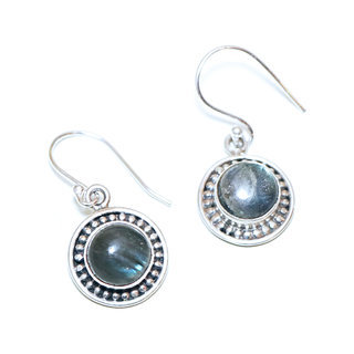 Bijoux Indiens Ethniques boucles d'oreilles argent 925 massif femme et pierre fine rondes classique Labradorite gris vert kaki filigranes perles - Inde 071a