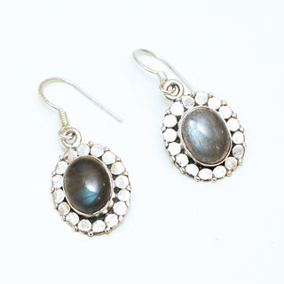 Bijoux Indiens Ethniques boucles d'oreilles argent 925 massif femme et pierre fine ovales classique Labradorite gris vert kaki filigranes perles - Inde 072a