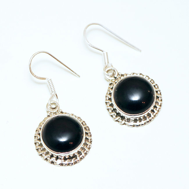 Boucles d'oreilles argent massif 925 rondes filigranes et Onyx - Inde 073