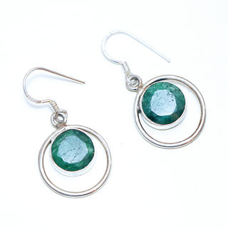 Bijoux Indiens Ethniques boucles d'oreilles argent 925 massif femme et pierre fine rondes classique corindon Emeraude vert lisses ajoures  - Inde 074a