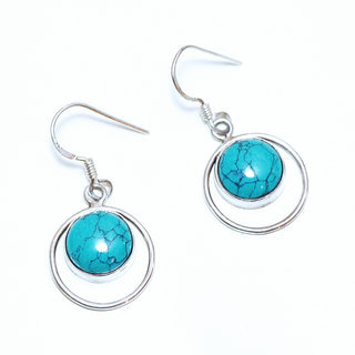 Bijoux Indiens Ethniques boucles d'oreilles argent 925 massif femme et pierre fine rondes classique Howlite turquoise vert bleu lisses ajoures  - Inde 074a