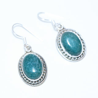 Bijoux Indiens Ethniques boucles d'oreilles argent 925 massif femme et pierre fine ovales classique corindon Emeraude vert filigranes perles - Inde 077a