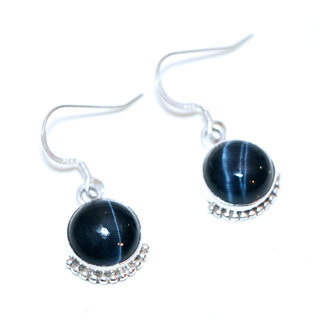 Bijoux Indiens Ethniques boucles d'oreilles argent 925 massif femme et pierre fine rondes classique Oeil de Faucon noir filigranes perles - Inde 078 a