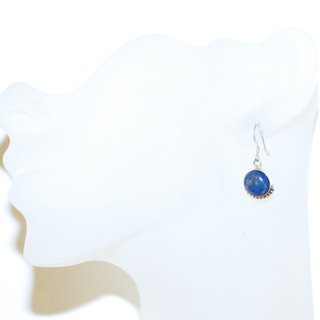 Bijoux Indiens Ethniques boucles d'oreilles argent 925 massif femme et pierre fine rondes classique Lapis-Lazuli bleu fonc filigranes perles - Inde 078b