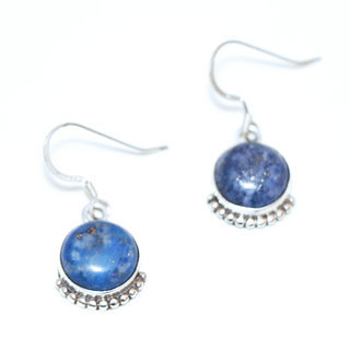 Bijoux Indiens Ethniques boucles d'oreilles argent 925 massif femme et pierre fine rondes classique Lapis-Lazuli bleu fonc filigranes perles - Inde 078a