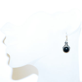 Bijoux Indiens Ethniques boucles d'oreilles argent 925 massif femme et pierre fine rondes classique Onyx noir filigranes - Inde 079b