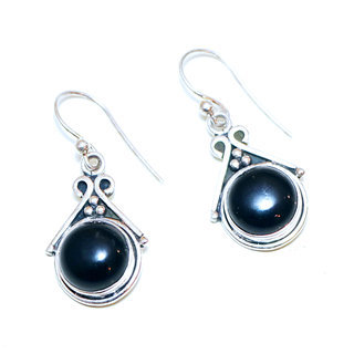 Bijoux Indiens Ethniques boucles d'oreilles argent 925 massif femme et pierre fine rondes classique Onyx noir filigranes - Inde 079a