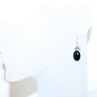 Bijoux Indiens Ethniques boucles d'oreilles argent 925 massif femme et pierre fine ovales classique Onyx noir fleur - Inde 080b