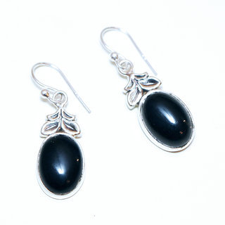 Bijoux Indiens Ethniques boucles d'oreilles argent 925 massif femme et pierre fine ovales classique Onyx noir fleur - Inde 080a