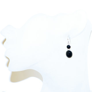 Bijoux Indiens Ethniques boucles d'oreilles argent 925 massif femme et pierre fine classique Onyx noir double duo ronde ovale - Inde 081b