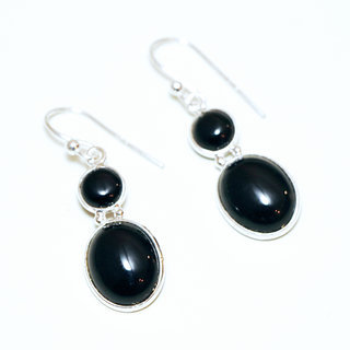 Bijoux Indiens Ethniques boucles d'oreilles argent 925 massif femme et pierre fine classique Onyx noir double duo ronde ovale - Inde 081a