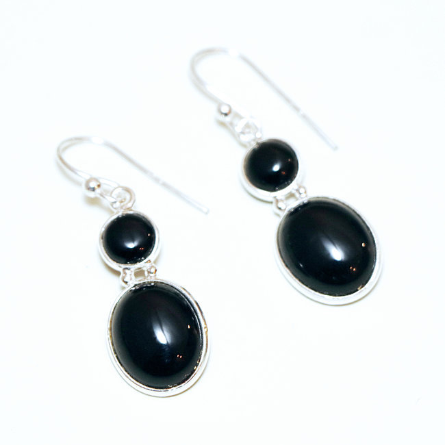 Boucles d'oreilles argent massif 925 double ovale et Onyx - Inde 081