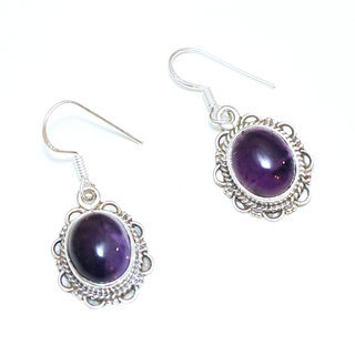 Bijoux Indiens Ethniques boucles d'oreilles argent 925 massif femme et pierre fine classique Amthyste violet mauve ovale filigranes fleur- Inde 083a