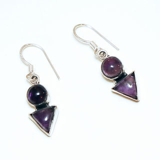 Bijoux Indiens Ethniques boucles d'oreilles argent 925 massif femme et pierre fine classique Amthyste violet mauve double rondes triangle- Inde 084a