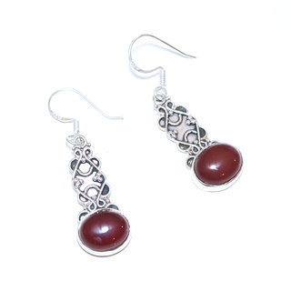 Bijoux Indiens Ethniques boucles d'oreilles argent 925 massif femme et pierre fine classique Cornaline orange marron ovale filigranes - Inde 086a