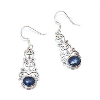 Bijoux Indiens Ethniques boucles d'oreilles argent 925 massif femme et pierre fine classique Lapis-Lazuli bleu fonc ovale filigranes - Inde 087a