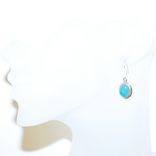Bijoux Indiens Ethniques boucles d'oreilles argent 925 massif femme et pierre fine classique Agate bleue claire ovales lisses - Inde 093b