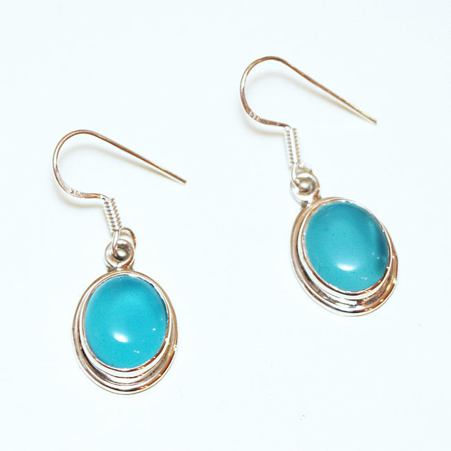 Boucles d'oreilles argent massif 925 ovales et Agate bleue - Inde 093