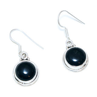 Bijoux Indiens Ethniques boucles d'oreilles argent 925 massif femme et pierre fine classique Onyx noir petites rondes lisses - Inde 096a