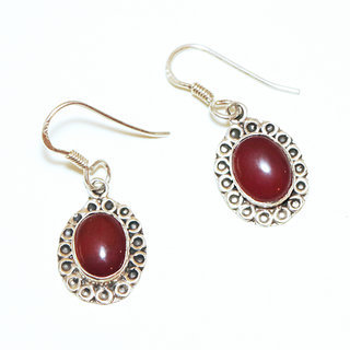 Bijoux Indiens Ethniques boucles d'oreilles argent 925 massif femme et pierre fine classique Cornaline orange marron petites ovales filigranes - Inde 099a