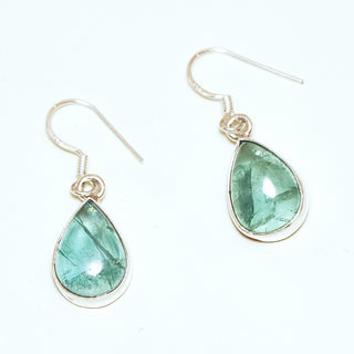 Bijoux Indiens Ethniques boucles d'oreilles argent 925 massif femme et pierre fine classique Quartz aqua aura vert bleu gouttes lisses  - Inde 102a