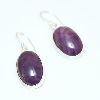 Bijoux Indiens Ethniques boucles d'oreilles argent 925 massif femme et pierre fine classique Amthyste violet mauve longues ovales - Inde 104a