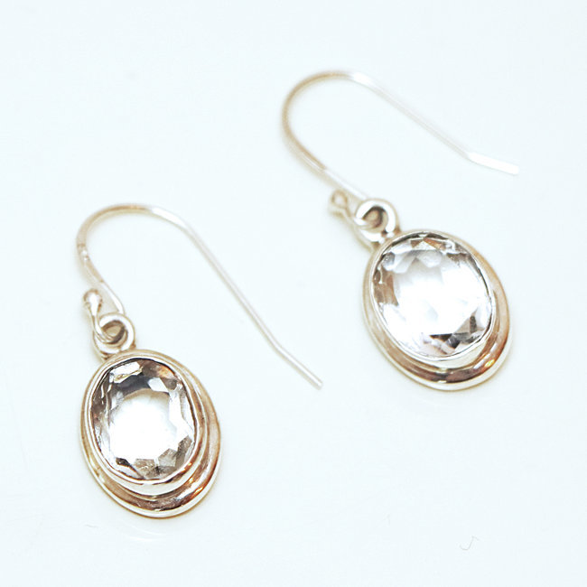 Boucles d'oreilles argent massif 925 ovales facettes et Cristal de Roche - Inde 106