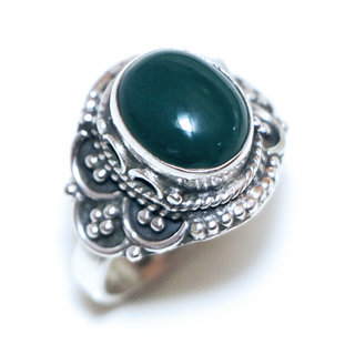 Bijoux ethniques Indiens bague en argent 925 massif femme pierre fine ovale filigranes Agate verte - Inde 328S a