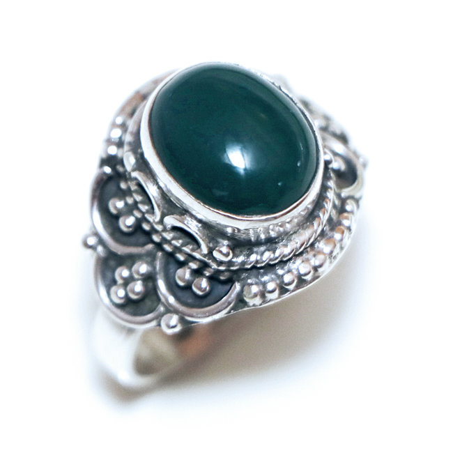 Bague filigranes argent 925 et Agate verte - Inde 328 - M